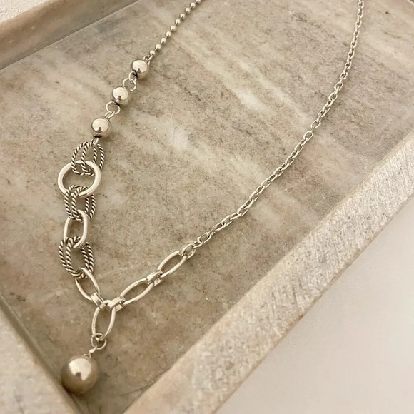 925 Sterling Silver Chain Link Ball Necklace Modern Asymmetric Bead Necklace - Picture 6 of 7